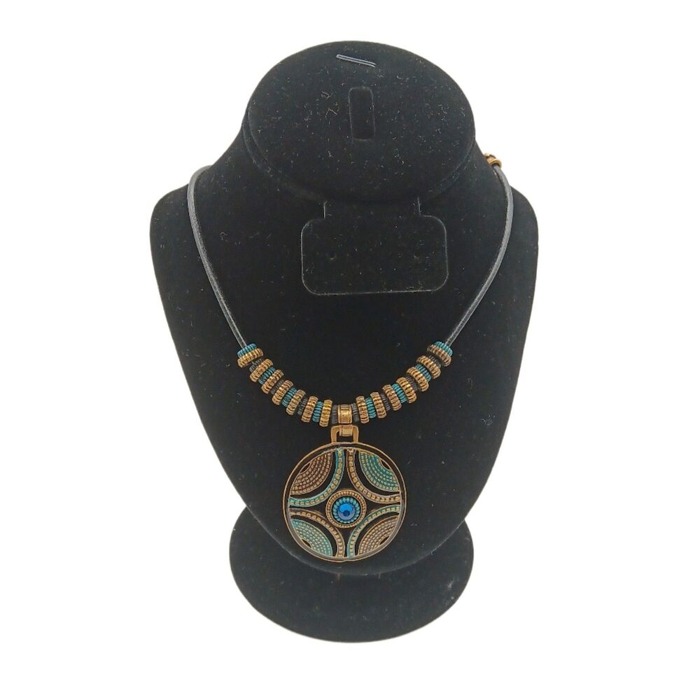 Chico’s Medallion Pendant Necklace Brass Tone Beads Cord Blue Gem Tibetan Boho
